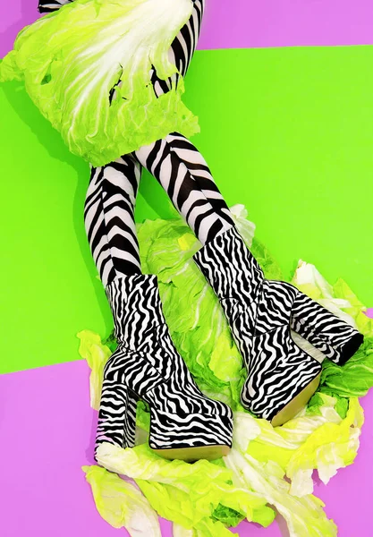 Ben Mode Zebra Print Stövlar Och Kläder Med Färsk Sallad — Stockfoto