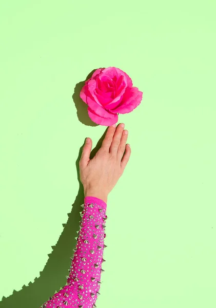 Rózsaszín Rózsát Tartó Tövisekkel Minimális Kreatív Koncepcióművészet — Stock Fotó