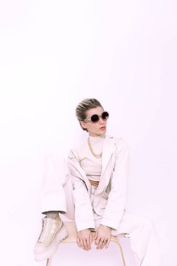 Kısa saçlı, modacı kız. Her günün şık ayrıntıları. Günlük bej görünüm kitabı. Moda Minimalist stil estetiği..