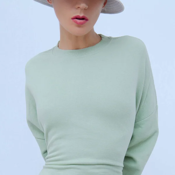 Shoot Woman Wearing Casual Cotton Hoodie Fresh Aqua Menthe Monochrome — Stock Photo, Image