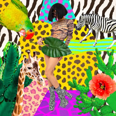 Moda kolajı sanatı. Palmiye yaprağı tutan esmer kadın moda kaplan desenli vücut ve zebra botlarıyla. Tropik vahşi orman yaratıcı konsepti. Hayvan sever.