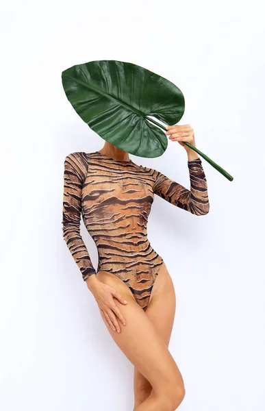 Unerkennbar Hageres Mädchen Mit Palmblatt Modischen Tiger Body Tropischer Dschungel — Stockfoto