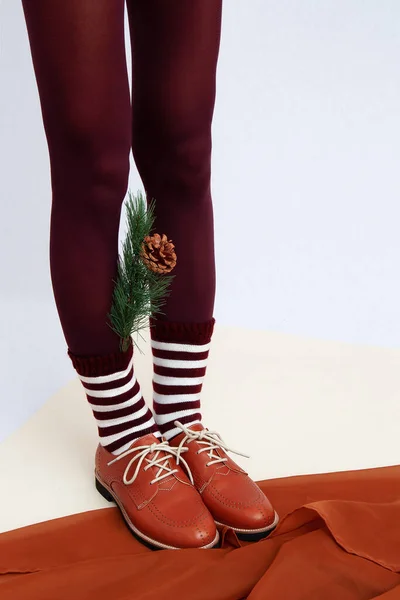 Невпізнавані Жіночі Ноги Ретро Коричневому Класичному Взутті Легінсах Роздягнених Шкарпетках — стокове фото