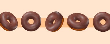 3D moda kolajı soyut sahne. Bej kremalı, çikolatalı çörekler. Donut aşığı konsepti. Minimalist yaratıcı yemek tarzı modern sanat.