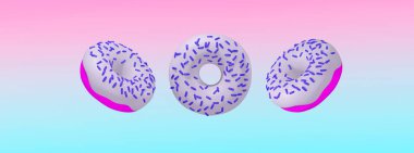 3D moda kolajı soyut afiş sahnesi. Pembe alanda tatlı çörekler. Donut aşığı konsepti. Minimalist yemek tarzı modern sanat.