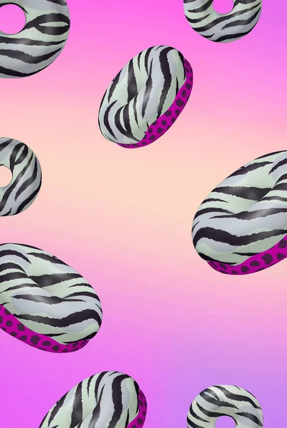 3D渲染时尚拼贴抽象壁纸 创意虎纹甜甜圈在渐变背景 独家甜甜圈的概念 简约的食物风格现代艺术 — 图库照片