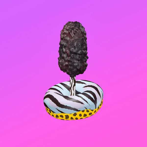3D渲染时尚拼贴的抽象场景 甜甜圈和冰淇淋合作 动物虎纹 简约的食物风格现代艺术 — 图库照片