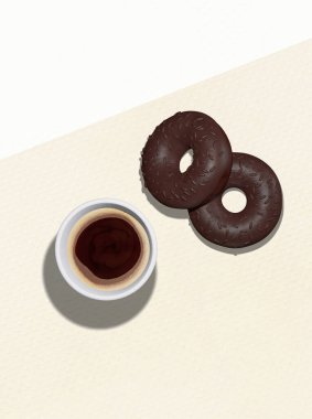 3D düz kahve fincanı ve çörekler.