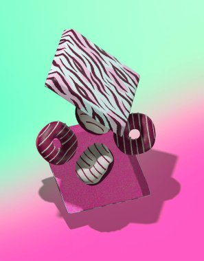 Yaratıcı minimal gıda tasarımı 3D donutlar izometri pembe mavi uzayda kutuda. Restoran, fırın, şekerci, yemek teslimatı konsepti modern sanat.