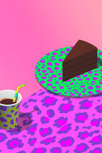 패턴의 분홍색 보라색 공간에 케이크와 렌더링하는 디자인이다 레스토랑 배달의 — 스톡 사진