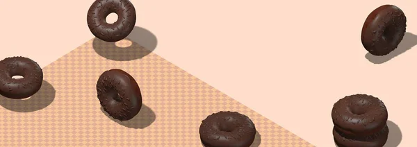 创意最小的食物设计3D使巧克力甜甜圈在等量米黄色奶油空间 班纳餐厅 面包店 糖果店 食品递送概念现代艺术 — 图库照片