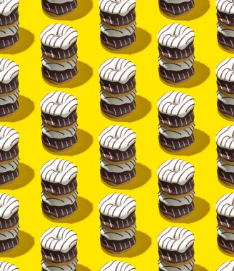 Kusursuz izometrik 3D çizim kalıbı. Siyah ve beyaz çikolatalı çörekler. Minimum tasarım. Çörekçi, Restoran, Pastane Şekerci, Yemek Teslimatı