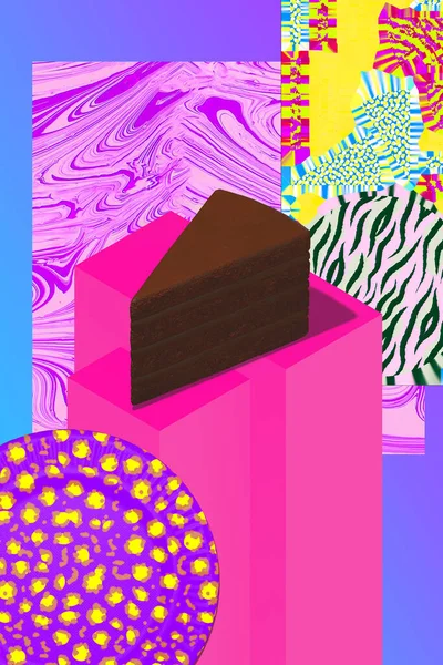 Minimal food geometry in details. 3d render scene chocolate cake in isometry creative collage space. Restaurant, bar, bakery, candy shop, food delivery concept art.