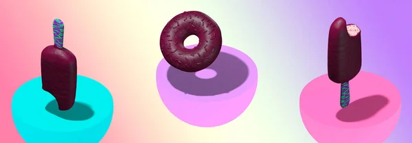 Minimal food geometry in details. 3d render collage banner scene donuts and ice-cream. Chocolate dreams in isometry  space. Restaurant, bar, candy shop, food delivery concept art.