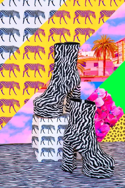 Minimal tropical art collage. Wallpaper. Beach summer texture and zebra stylish Boots. Still life fashion scene. Fashion and Vacation concept