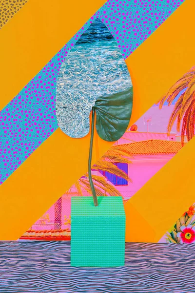 Minimal tropical art collage. Wallpaper. Beach summer texture and palm leaf. Still life fashion scene. Vacation concept