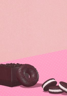 3D moda tatlı sahnesi. Pembe bej uzayda çikolatalı çörek, pasta ve kurabiyeler. Çikolata sevdalısı konsepti. Minimalist yaratıcı gıda sanatı.
