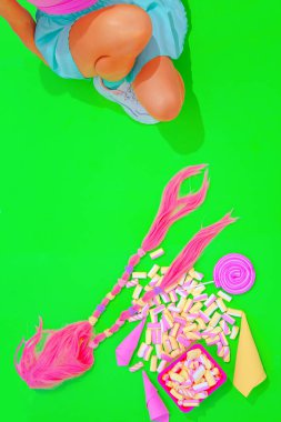 Summer sweet unrecognizable girl Fashion minimal style. Kawaii party mood. Marshmallow and lolli pop. Candy shop concept