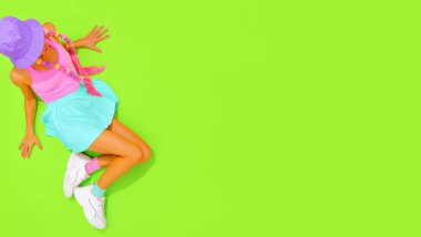 Summer girl 90s fashion style. Kawaii party look. Copy space. Banner.