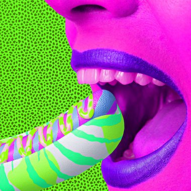 Asgari yaratıcı kolaj. Komik yemek sanatı. Sosisli seven kız..