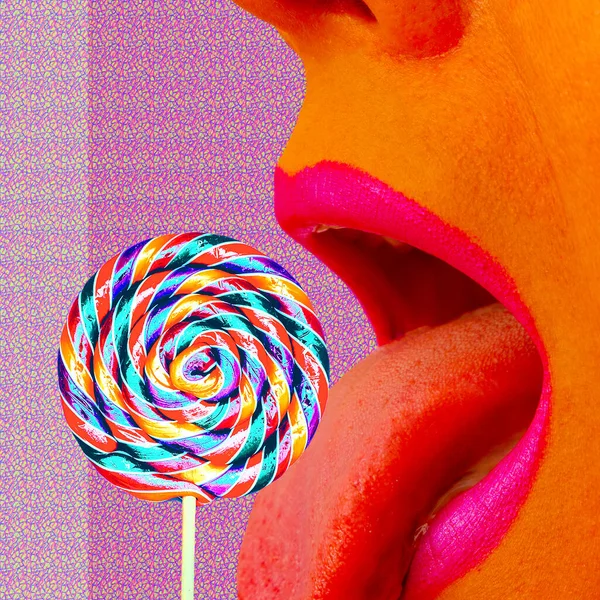 Collage Creativo Mínimo Arte Divertido Comida Rápida Lolli Pop Dulce — Foto de Stock