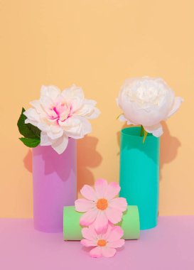 Romantic Decor flowers in vase. Minimalist scene. Bloom, Spring,summer, greeting card, invitation concept.  Still life composition