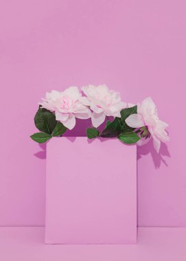 White Roses Flowers in pink space. Minimalist scene. Bloom, Spring,summer, greeting card, invitation concept. Still life fashion
