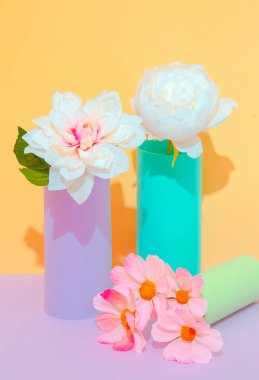 Decor flowers in vase. Minimalist scene. Bloom, Spring,summer, greeting card, invitation concept.  Still life composition