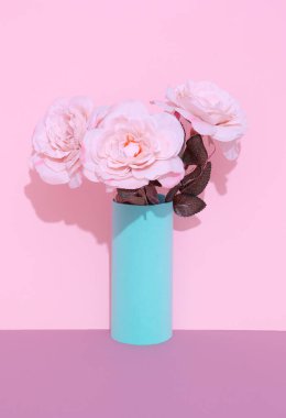 Decor white roses  flowers in vase. Still life minimalist fashion scene. Bloom, Spring,summer, greeting card, invitation concept.