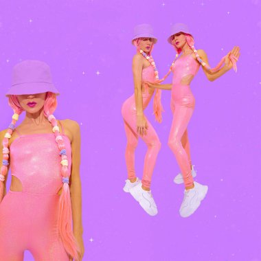 Çağdaş dijital kolaj sanatı. Yaz kızları 90 'ların popüler kültürü. Cosplay oyun kızı konsepti. Tek boynuzlu at, hip-hop, sokak tarzı moda.