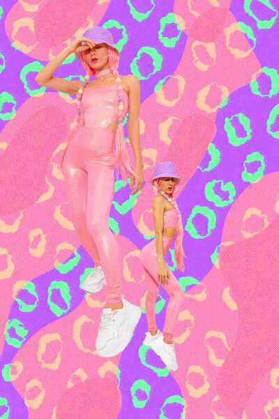 Contemporary collage art. Fashion summer digital girls 90s party style on design geometry pattern background. Cosplay gamer girl