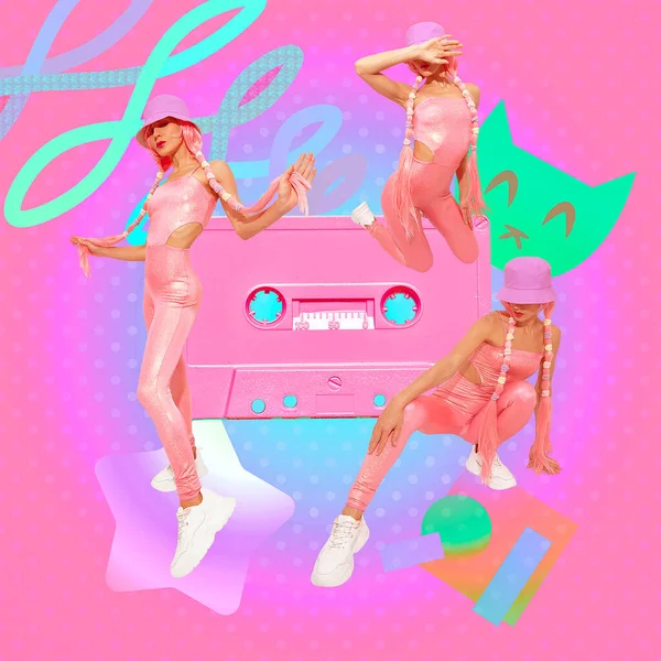 現代のデジタルコラージュアート 90年代のポップ ミュージック文化に戻る夏の女の子 ユニコーンレディライフ ヒップホップ ストリートファッション — ストック写真