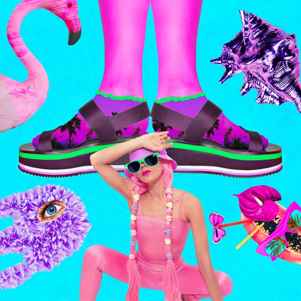 Contemporary digital collage art. Summer tropical girl back in 90s pop zine culture.  Unicorn Lady life, hip-hop, street style, beach fashion