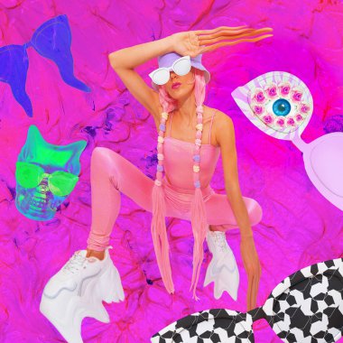 Çağdaş dijital kolaj sanatı. 90 'ların popüler moda kültüründen bir kız. Aksesuarlar güneş gözlüğü sever.