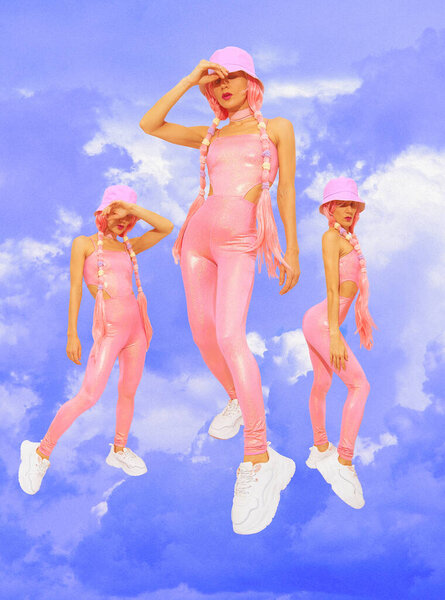 Contemporary digital collage art. Summer girls back in 90s pop zine culture in clouds space. Pink dreamers concept