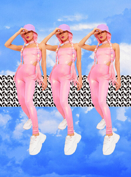 Contemporary digital collage art. Summer girls back in 90s pop zine culture in clouds space. Pink dreamers Lady concept