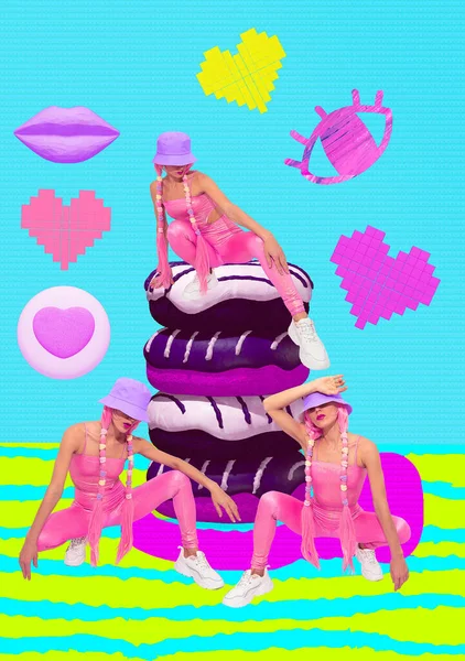 当代数字拼贴艺术 夏天的女孩回到了90年代流行Zine文化的甜甜圈创意空间 Donuts情人概念 — 图库照片