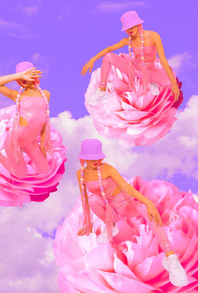 Contemporary digital collage art.  Girls back in 90s pop zine culture in abstract flowers cloud space. Dreamers Bloom angels Lady concept