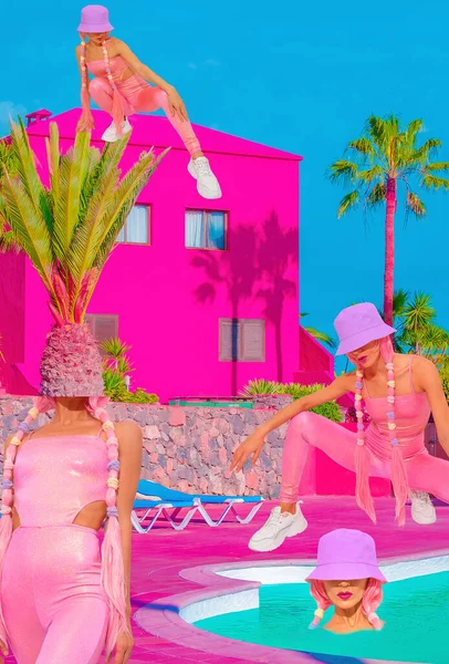Çağdaş Dijital Kolaj Sanatı Lardaki Kızlar Pop Müzik Kültüründe Tatil — Stok fotoğraf