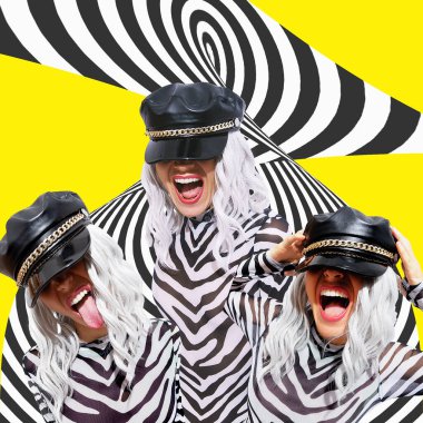 Çağdaş dijital kolaj sanatı. 90 'lardaki duygusal parti kızı pop sanatının moda kültürü. Moda Hayvan Zebra desenli giysiler ve arka plan