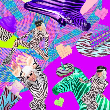 Modern dijital funky minimal kolaj posteri. Soyut fantezi dünyasında şık bir zebra kız. 90 'larda. Pop art zine moda kültürü.