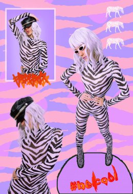 Modern dijital funky minimal kolaj posteri. Moda zebrası kadınları gibi. 90 'larda. Pop art zine moda, müzik, kulüp kültürü.