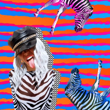 Modern dijital funky minimal kolaj posteri. Renkli uzayda parti duygusal zebra kızı. 90 'larda. Pop art zine moda, müzik, kulüp kültürü.