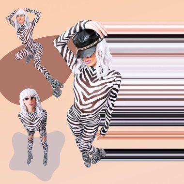 Modern dijital funky minimal kolaj posteri. Moda zebrası kadınları gibi. 90 'larda. Pop art zine moda, müzik, kulüp kültürü.