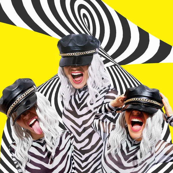 Çağdaş dijital kolaj sanatı. 90 'lardaki duygusal parti kızı pop sanatının moda kültürü. Moda Hayvan Zebra desenli giysiler ve arka plan