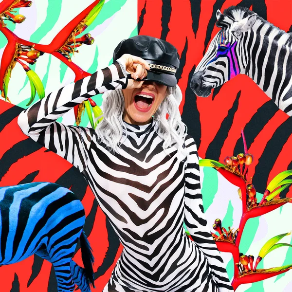 Modern dijital funky minimal kolaj posteri. Parti kızı ve zebra. 90 'larda. Pop art zine moda kültürü. Moda Hayvan desenli tasarım