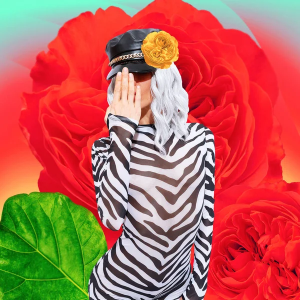 Zeitgenössisches Digital Funky Minimal Collage Poster Stilvolle Zebra Lady Blumen — Stockfoto