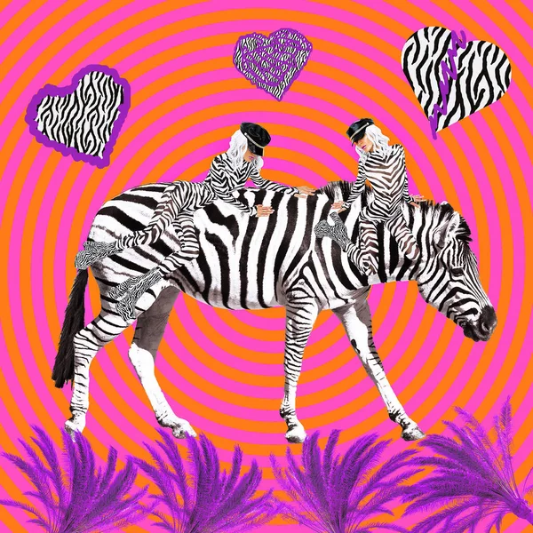 Contemporary Digital Funky Minimal Collage Poster Zebra Lover Girl Back — Stock Photo, Image