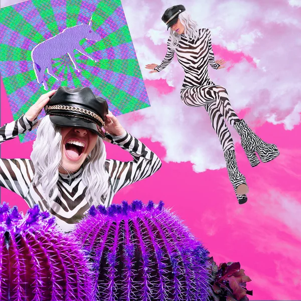 Contemporânea Digital Funky Mínimo Poster Colagem Festa Zebra Emocional Menina — Fotografia de Stock