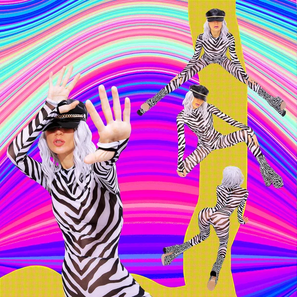 Contemporary Digital Funky Minimal Collage Poster Stylish Zebra Girl Geometry — Stock Photo, Image